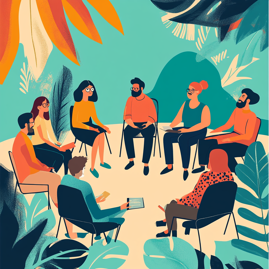 A group of people gathering together talking