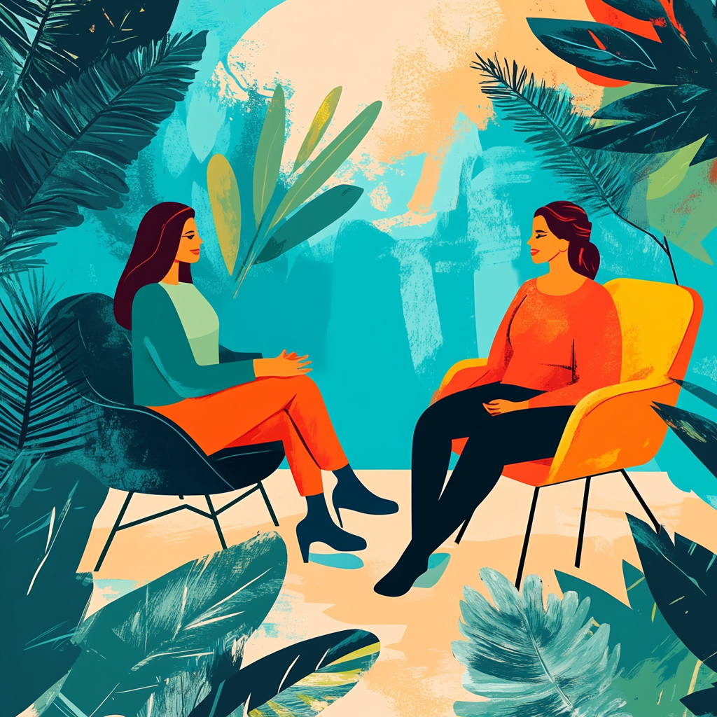 Two people sat down talking